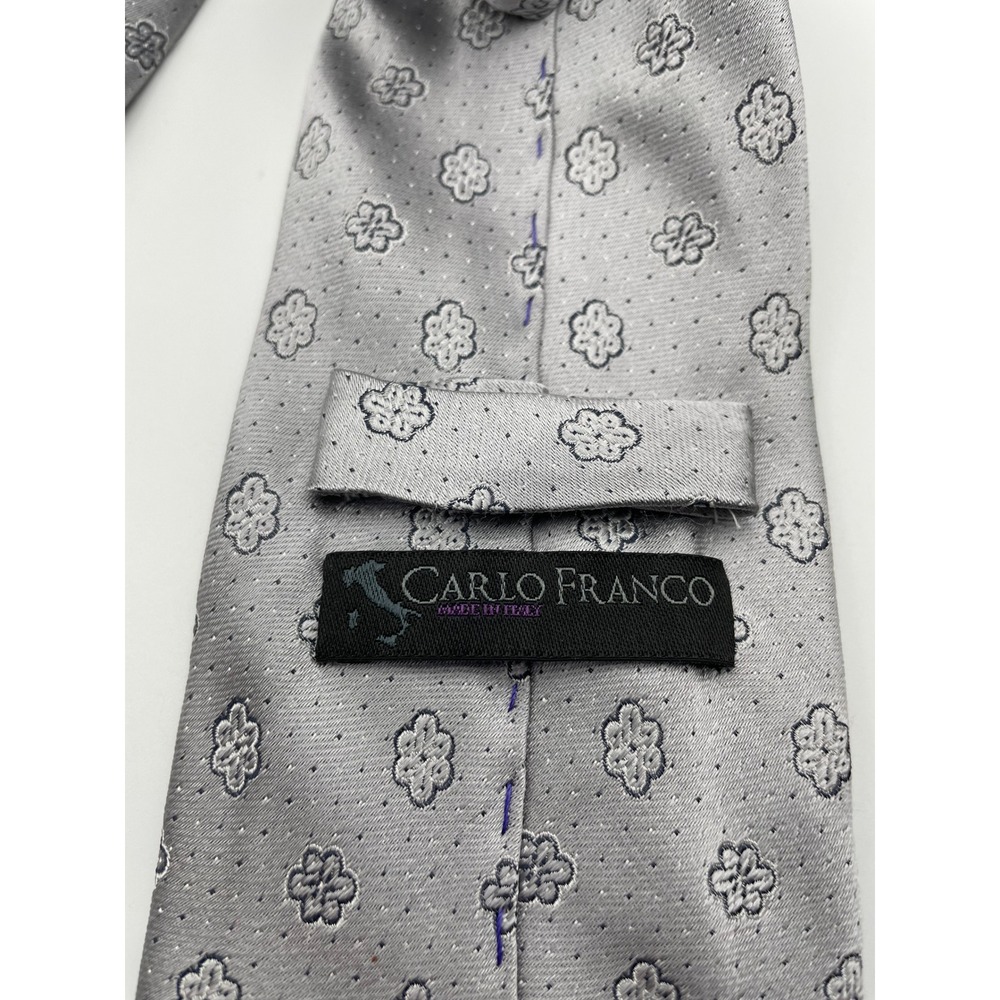 Carlo Franco Silver Silk Seven Fold Floral Medallion Necktie Made in Italy - Picture 2 of 6